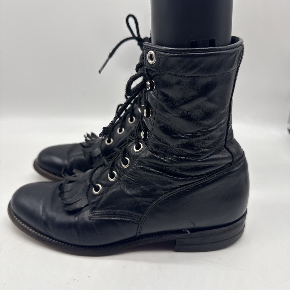 Vtg Justin Boots Womens 6.5B Black Leather Lace Up Combat Fringe Kiltie USA - Picture 5 of 15